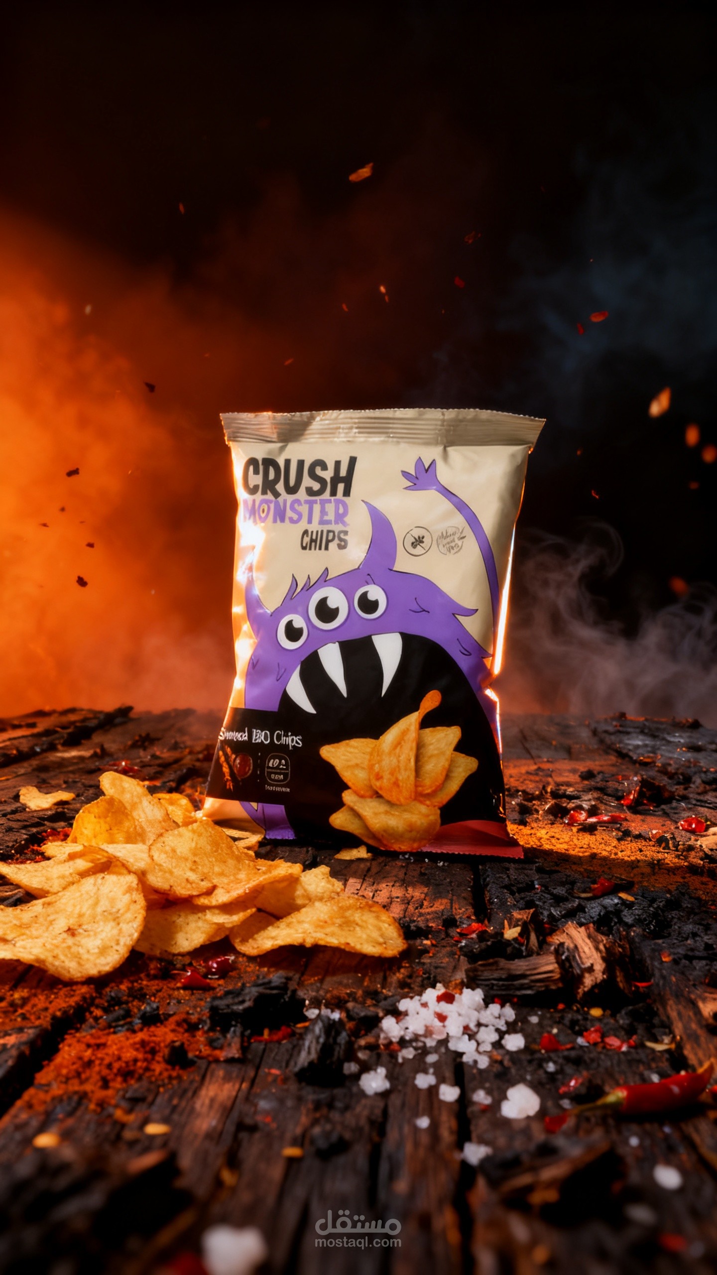 تصميم إعلان سينمائي لمنتج شيبسي بطابع ناري (Crush Monster Chips)