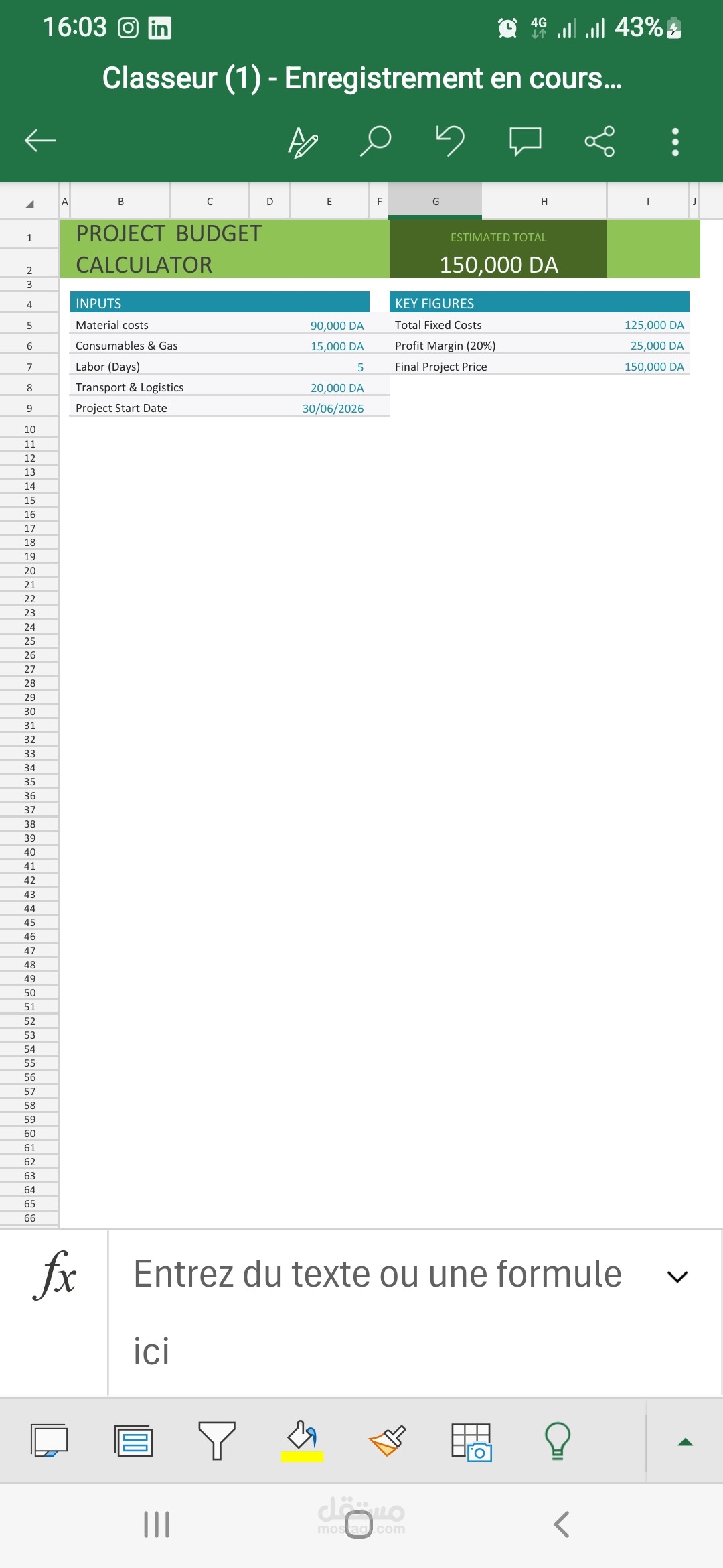 Professional Project Budget Calculator via Excel
