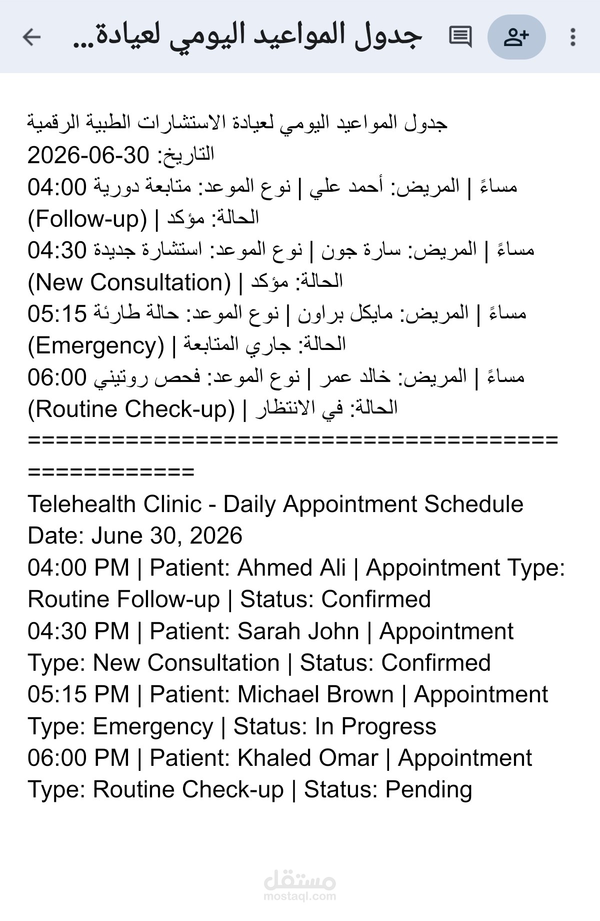 جدول المواعيد اليومي لعيادة الاستشارات الطبية الرقمية - Telehealth Daily Appointment Schedule