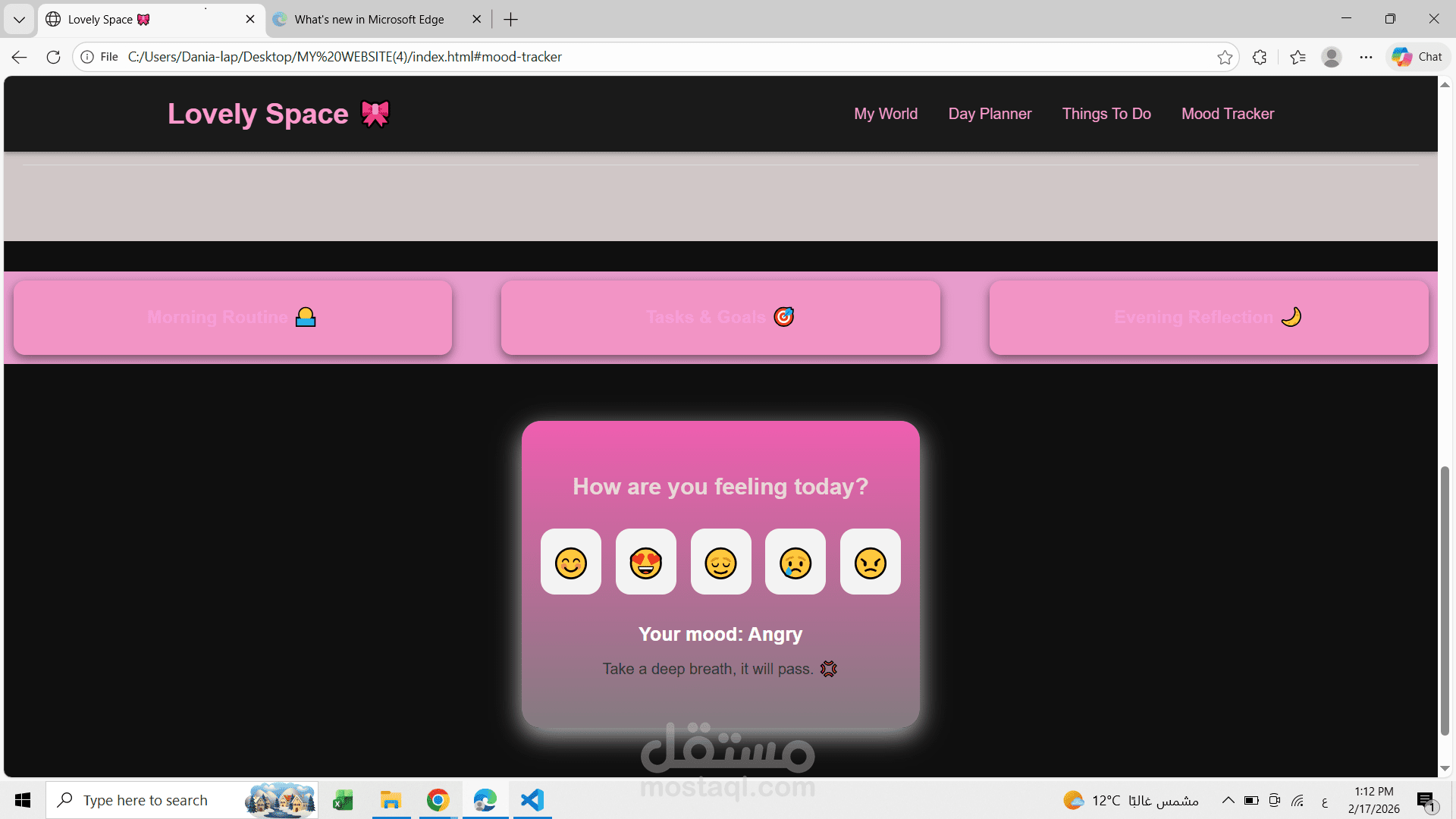 Lovely Space is a colorful and fun web app for girls to track their mood and plan their day Built with HTML, CSS, and JavaScript.