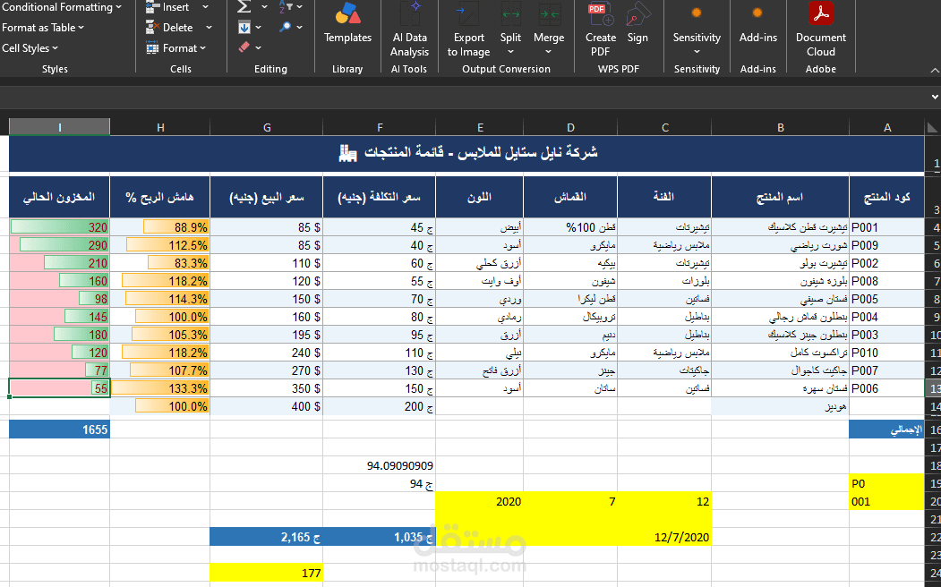 نظام إدارة وتحليل مبيعات شركة ملابس باستخدام Microsoft Excel