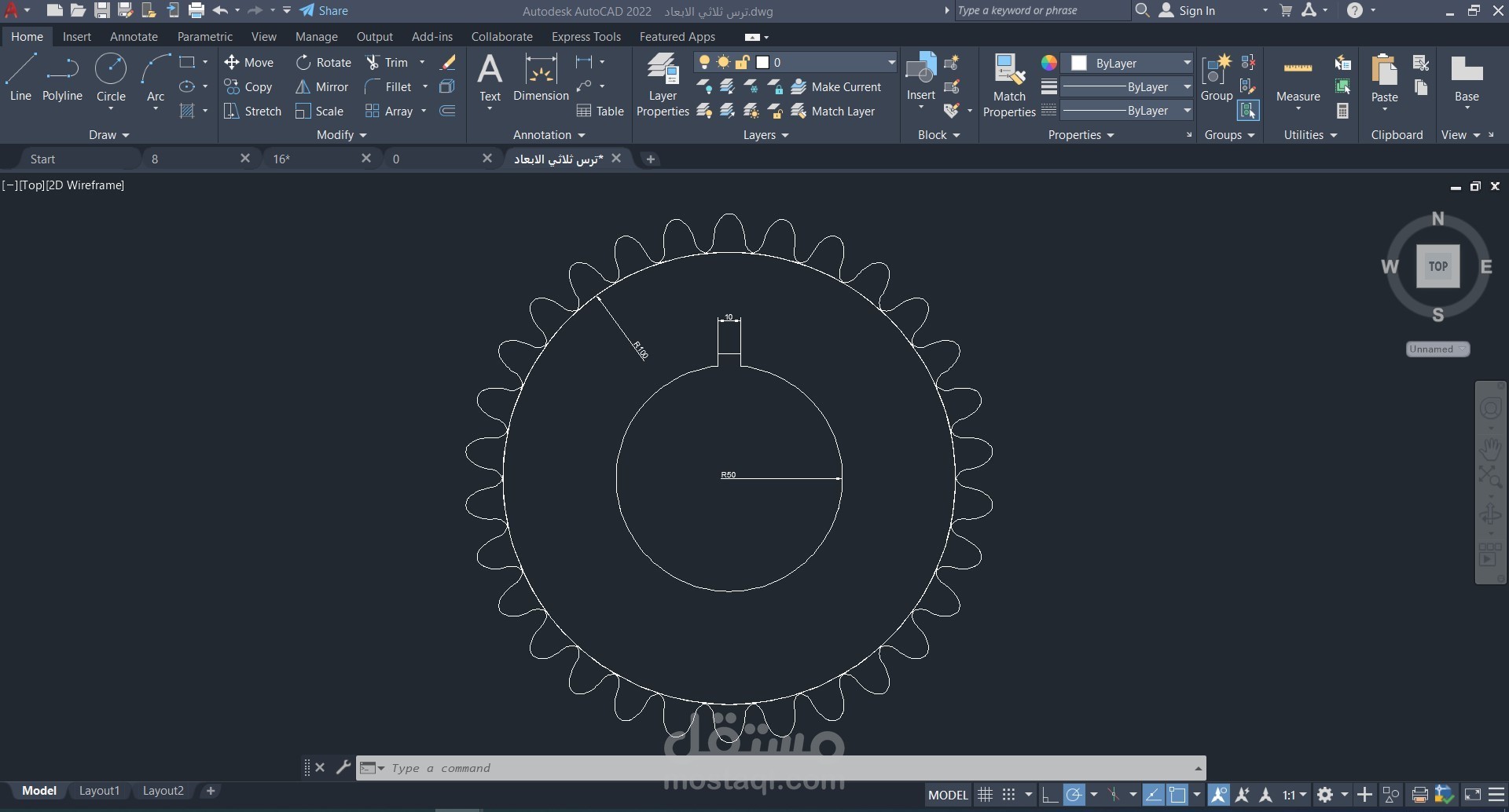 رسم هندسي وتخطيط ثنائي الابعد (2D) لترس ميكانيكي بدقة عالية باستخدام AutoCAD