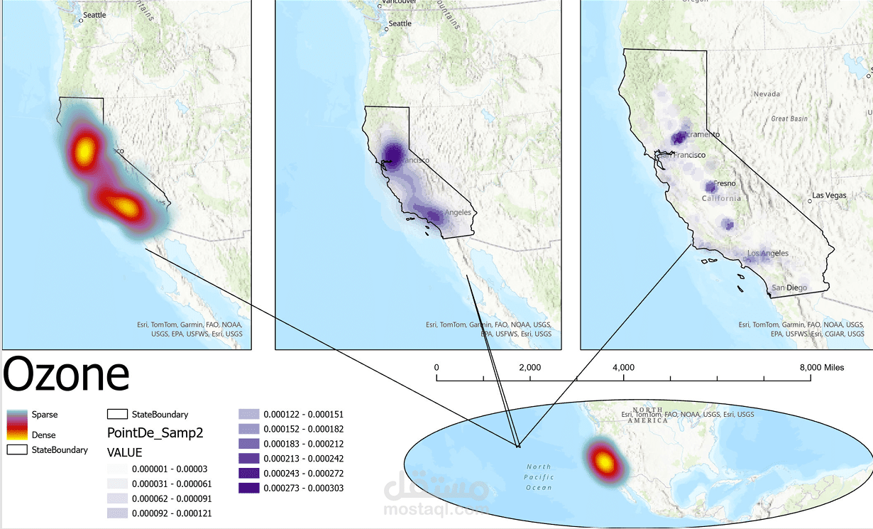 Environmental Data Visualization (Ozone) "Created a thematic heat map analyzing spatial variations in ozone levels, using multi-provider data to represent density gradients for environmental monitoring."