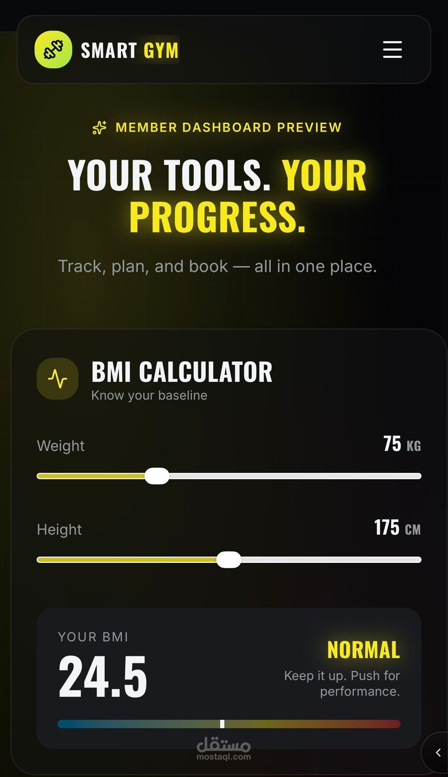 تصميم وتطوير موقع رياضي متكامل وحاسبه BMI تفاعليه Rract & Tailwind