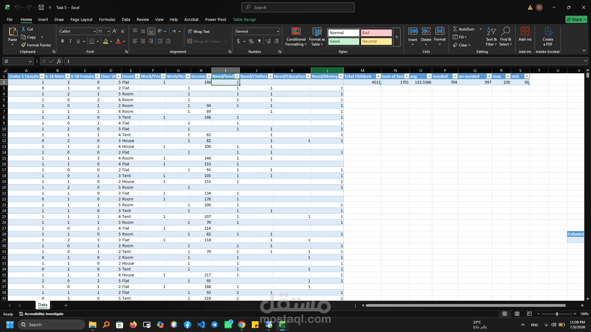 مشروع هيكلة وتنظيف بيانات المسح الديموغرافي وتحديد الاحتياجات باستخدام Excel