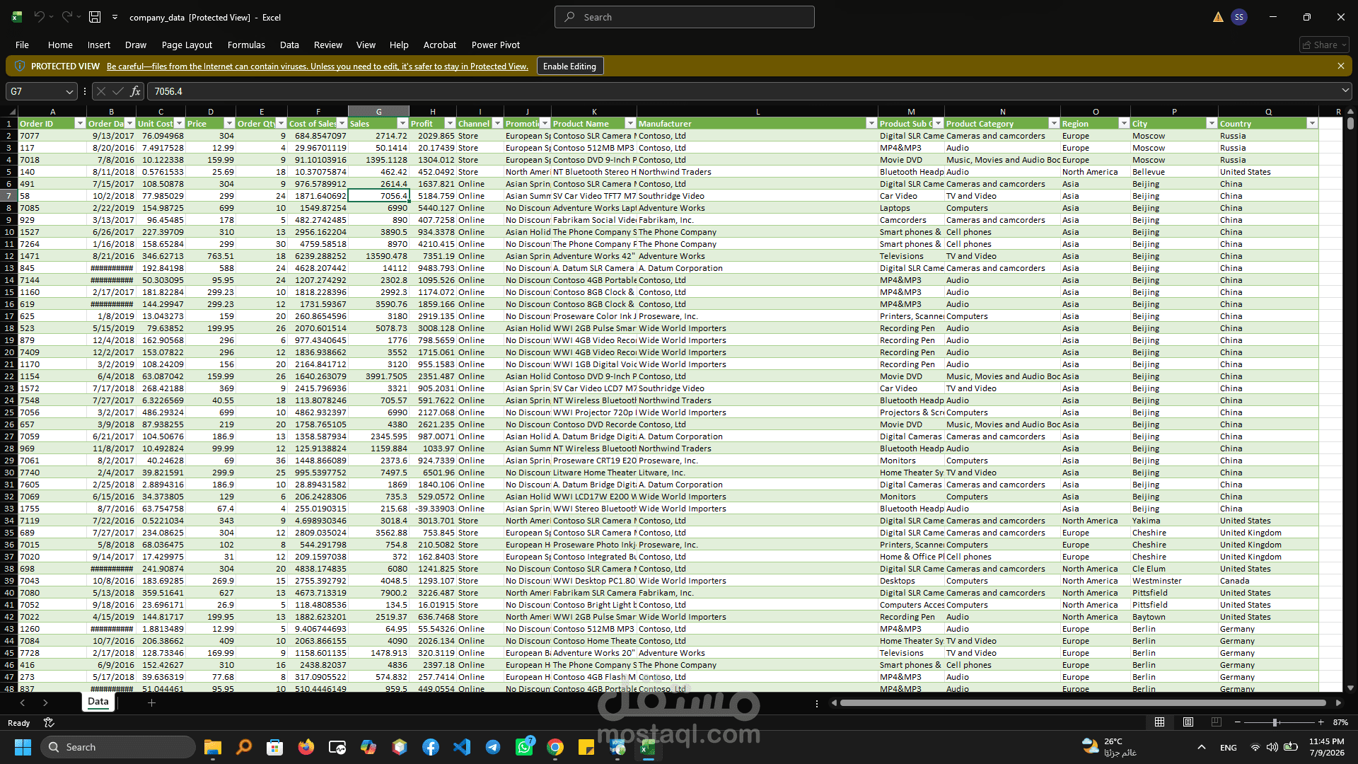 تنظيم وتنظيف وهيكلة بيانات مبيعات خام لشركة تجارية عالمية (Excel)