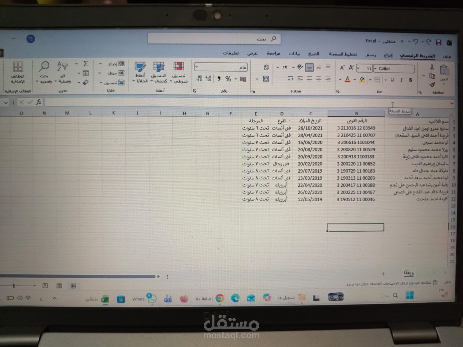 تنظيم وإدخال بيانات اللاعبين والأرقام القومية بدقة على Excel