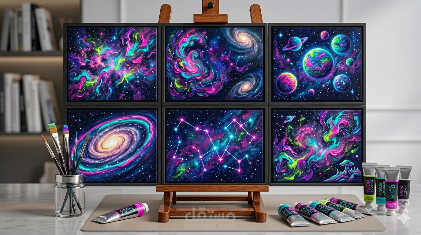 تصميم جرافيك ومفهوم بصري فني بنمط النيون والفضاء الكوني (Cosmic Neon Art Concept).
