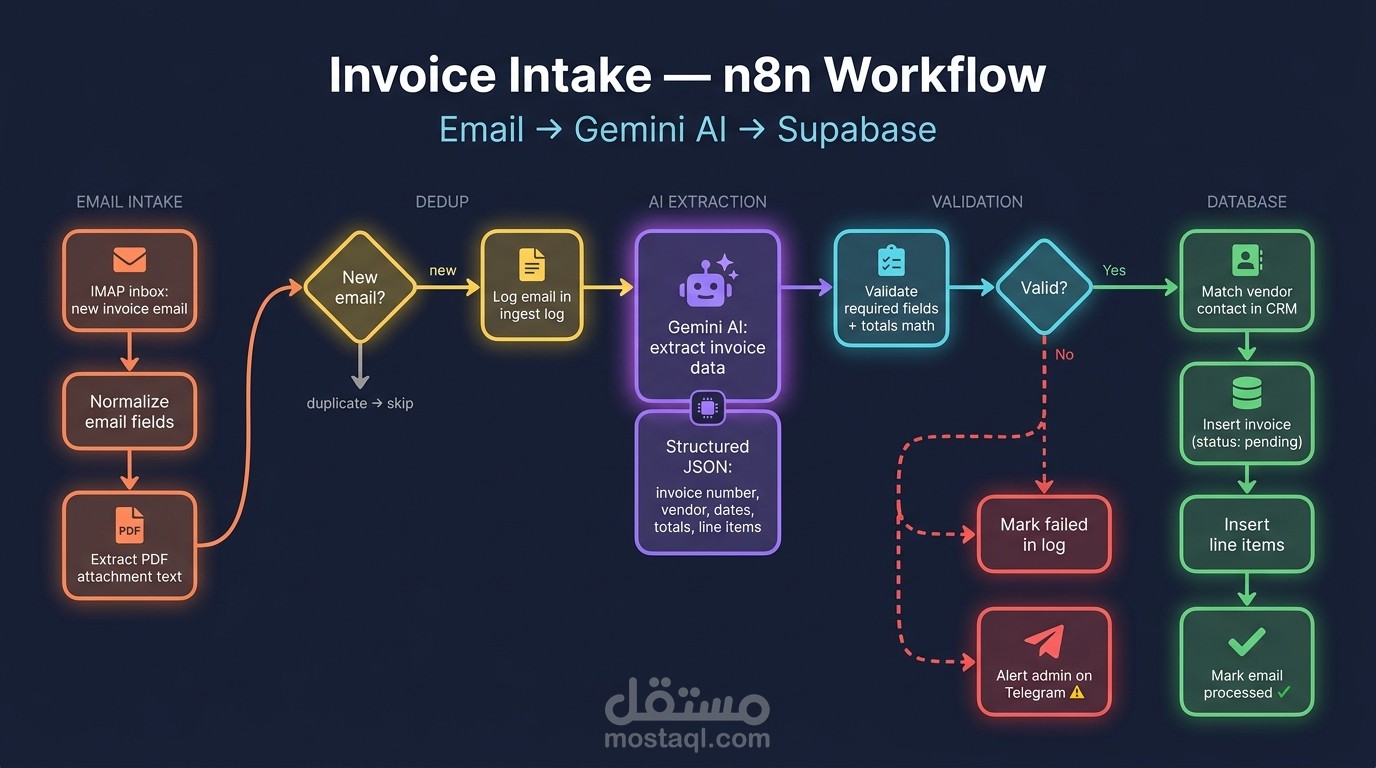 أتمتة استقبال الفواتير: من الإيميل لقاعدة بيانات Supabase — n8n + Gemini AI