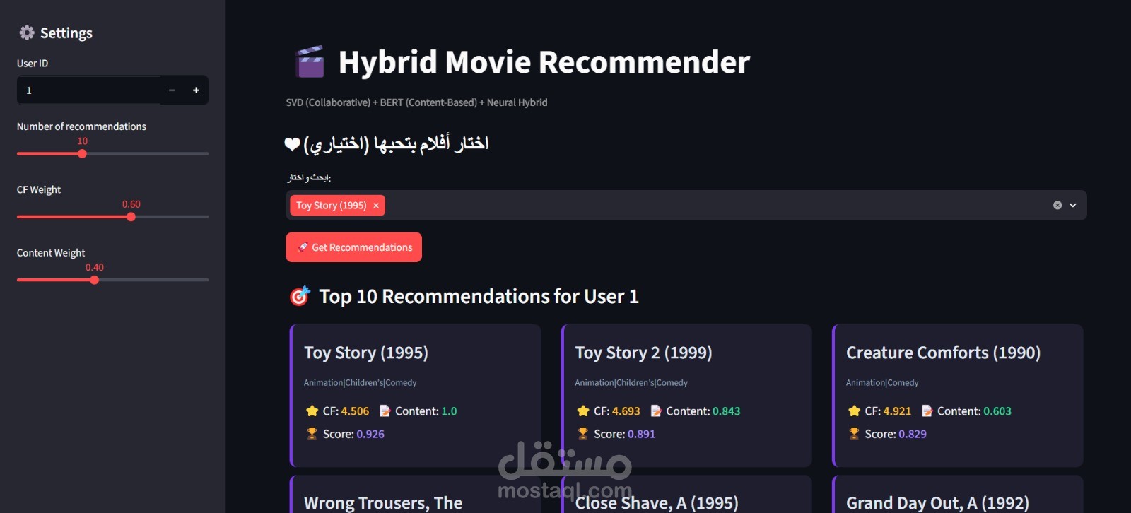 نظام توصية أفلام هجين — SVD + BERT + نموذج عصبي