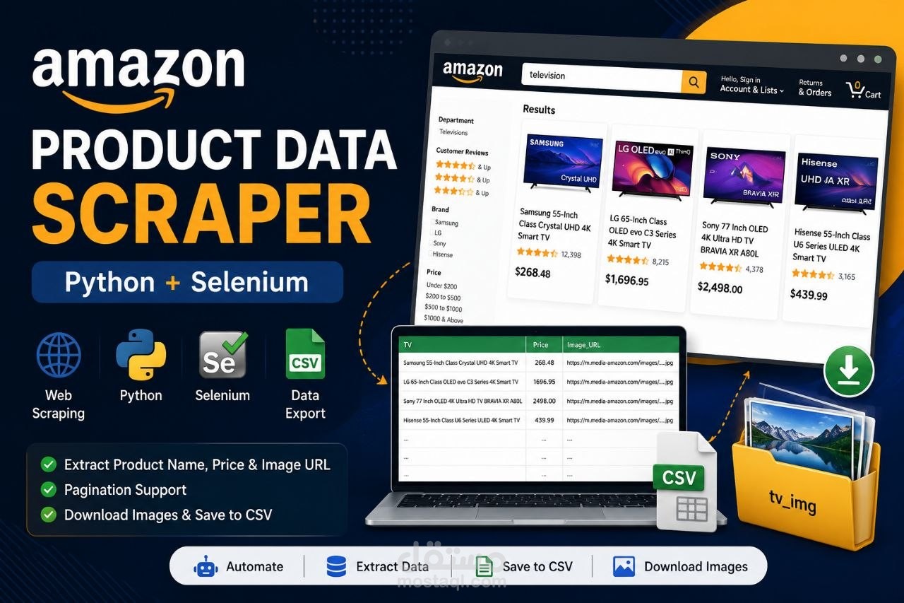 مشروع استخراج بيانات المنتجات وتحميل الصور تلقائيًا من أمازون باستخدام Python وSelenium