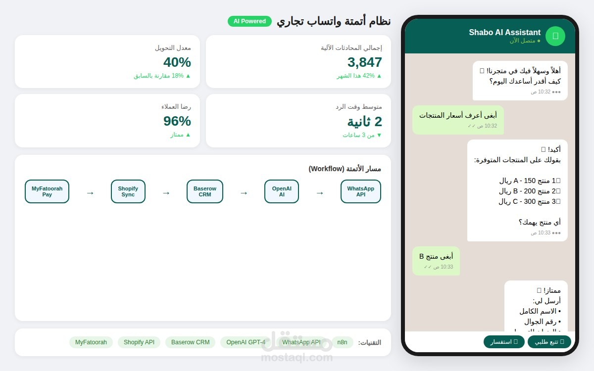 نظام أتمتة واتساب تجاري متكامل بالذكاء الاصطناعي