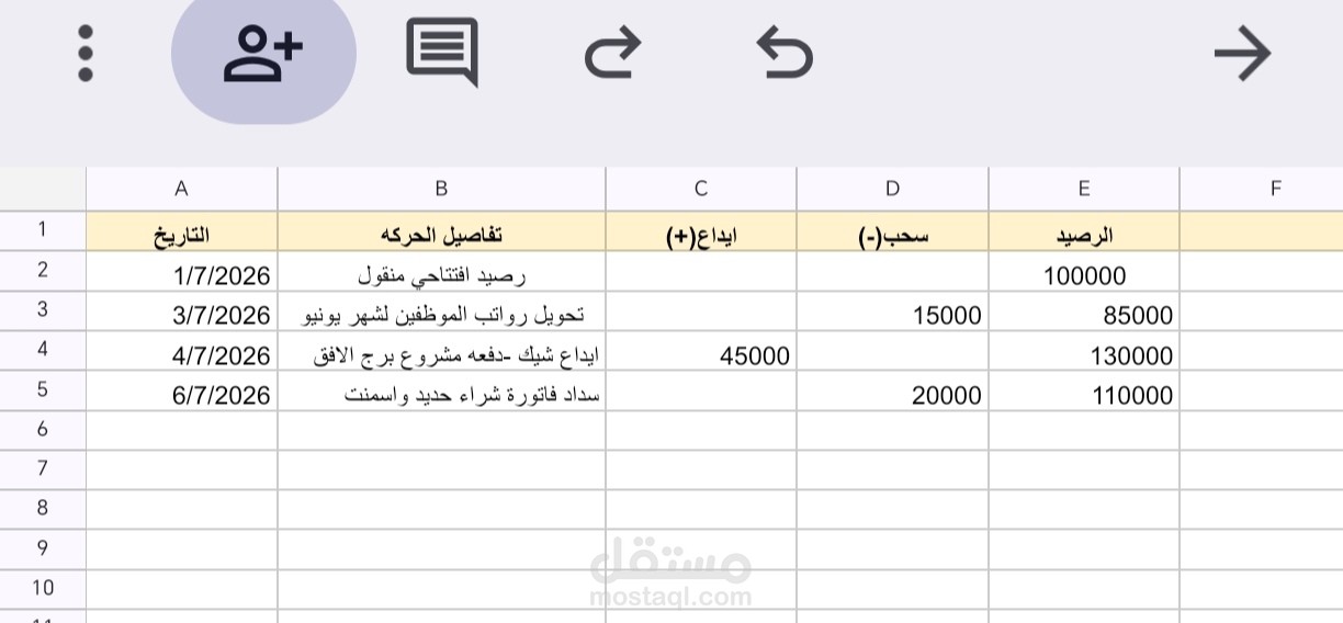 تفريغ وتنظيم كشف حساب بنكي لشركة مقاولات