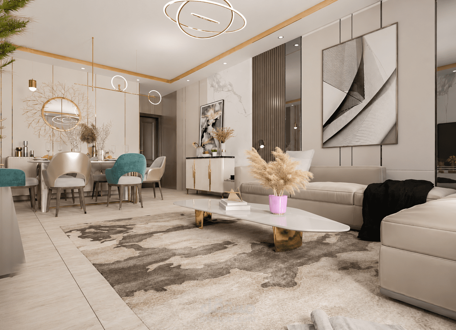 تصميم غرفة معيشة مودرن مع رندر واقعي