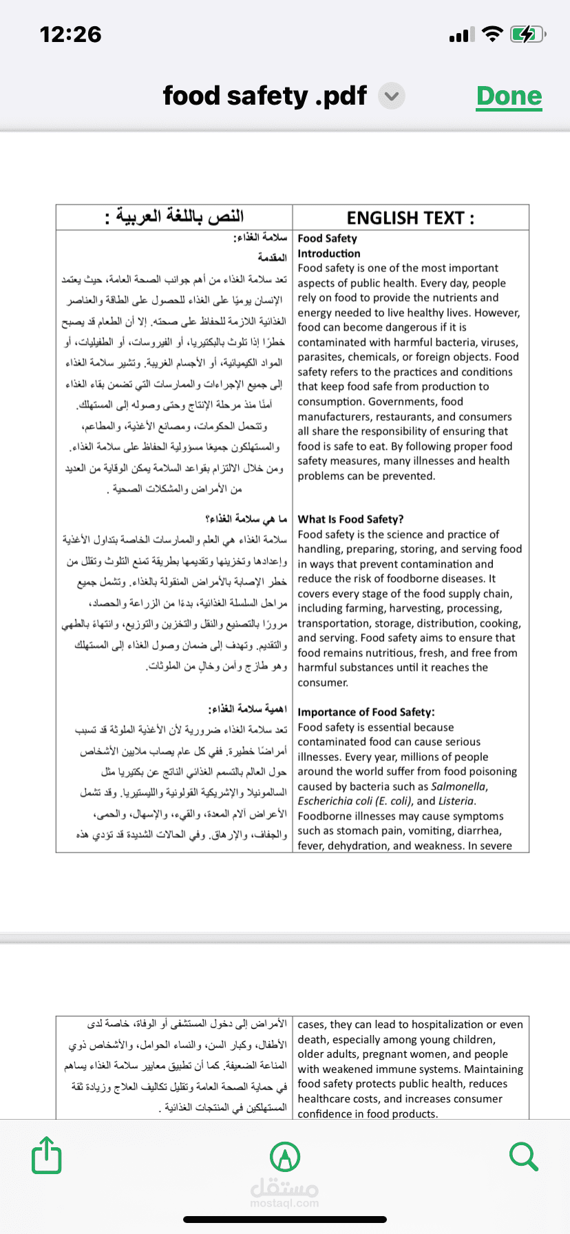 ترجمة مقال علمي متخصص في  معايير سلامة الغذاء