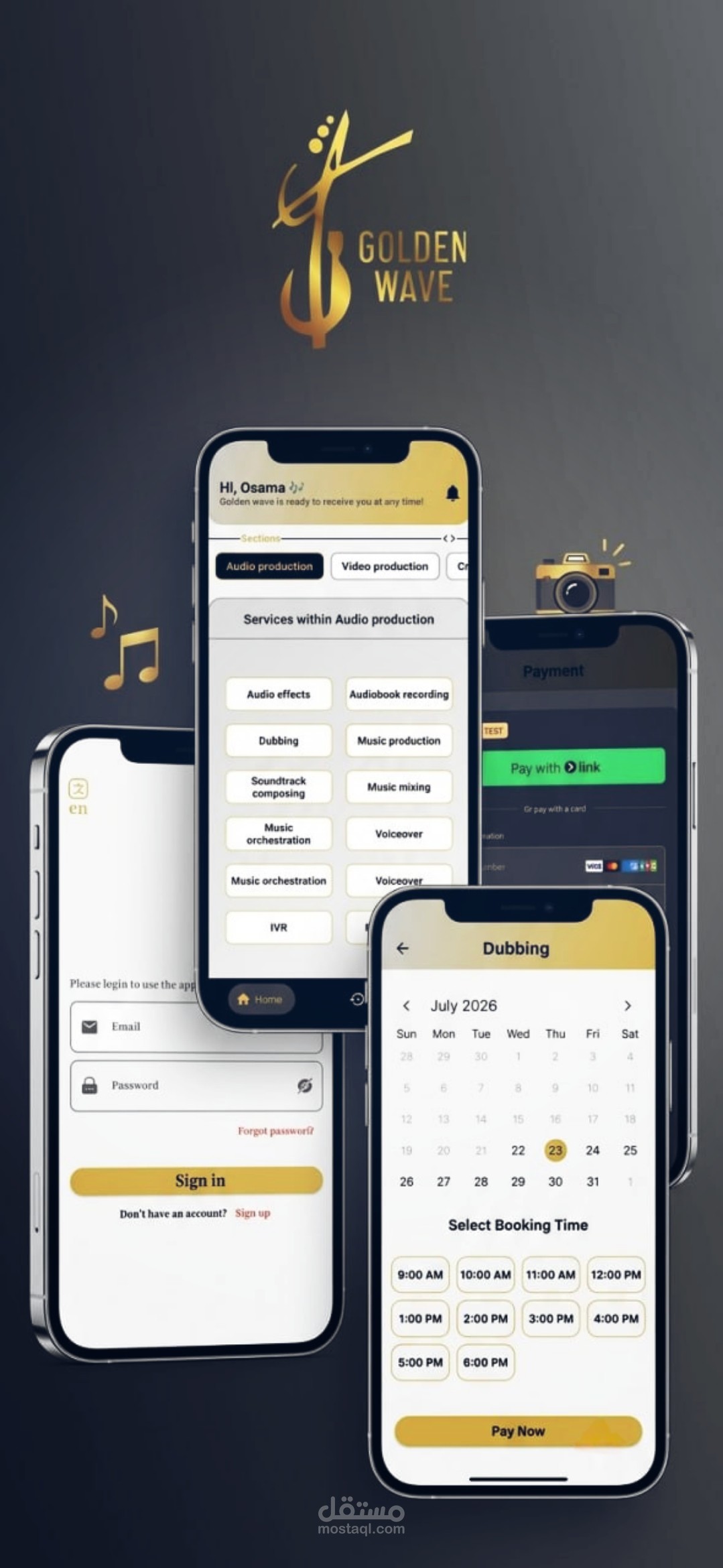 Golden Wave - نظام حجز مواعيد لاستوديو موسيقي (Flutter, Firebase, Stripe)