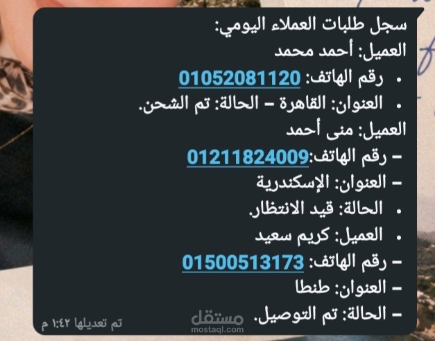 تنظيم وتسجيل بيانات طلبات العملاء اليومية.