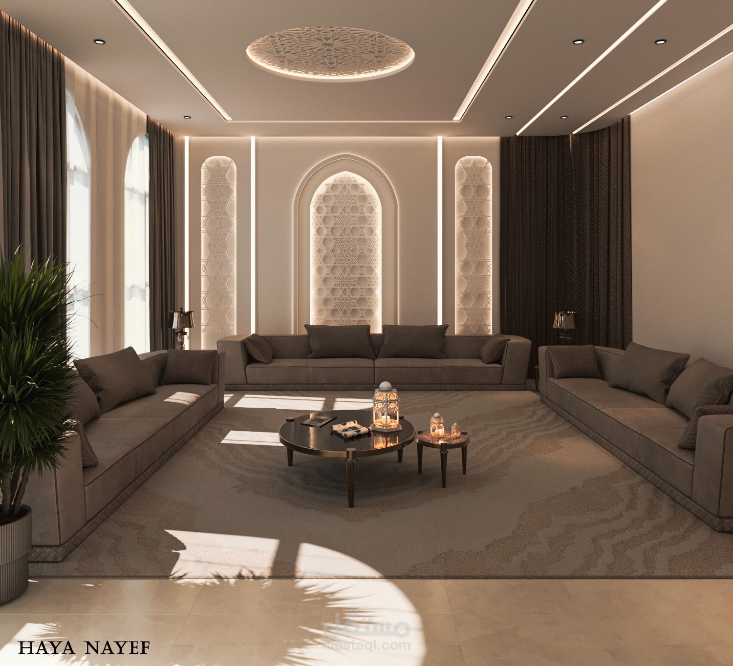 تصميم داخلي فاخر لغرفة معيشة نيو كلاسيك بإخراج واقعي
