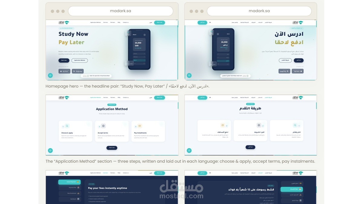 كتابة تجربة المستخدم ثنائية اللغة لتطبيق منح مالية للتعليم - مدارك Madark
