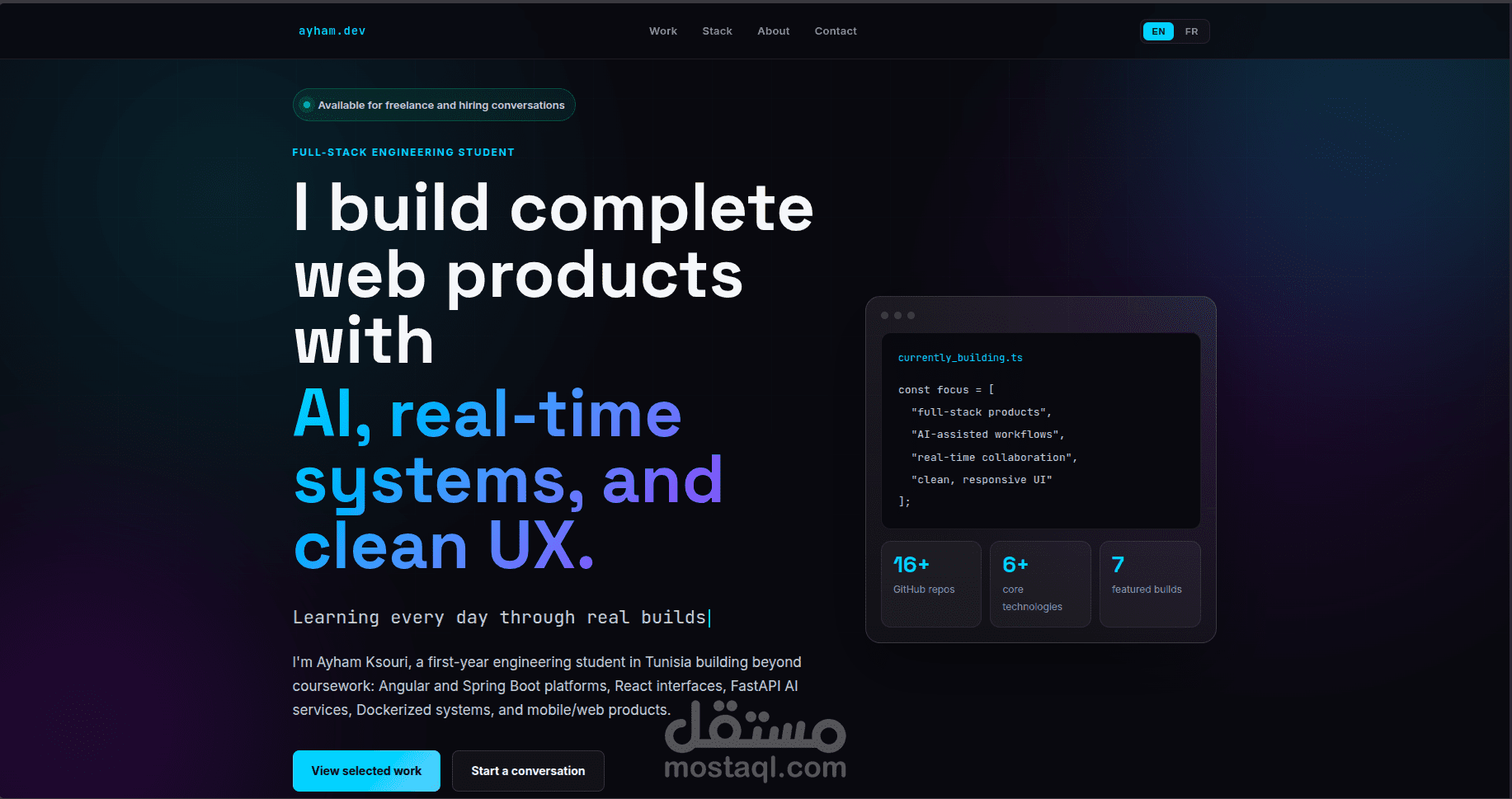 موقع محفظة أعمال شخصي (Portfolio) – تصميم Dark UI تفاعلي