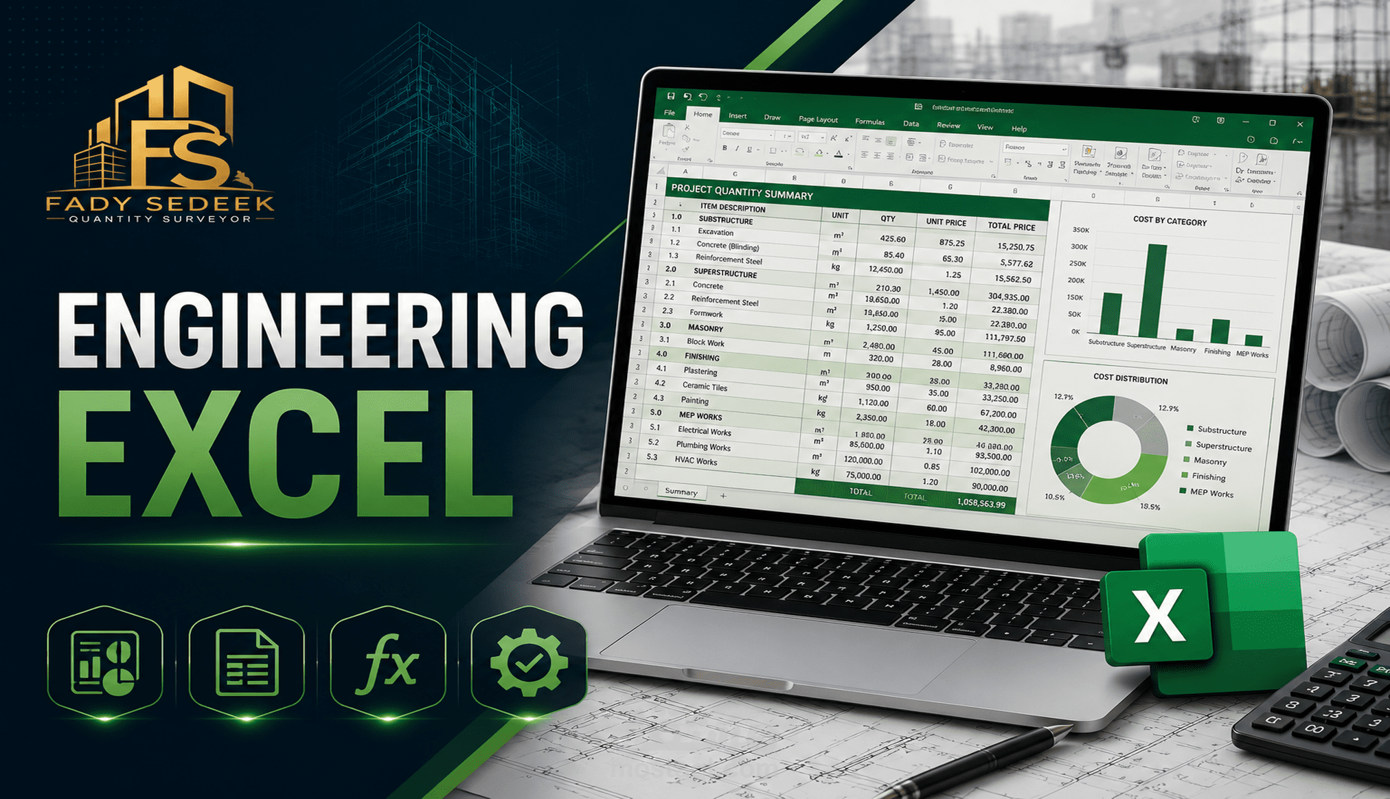 تصميم شيتات Excel هندسية احترافية وحساب الكميات والمعادلات