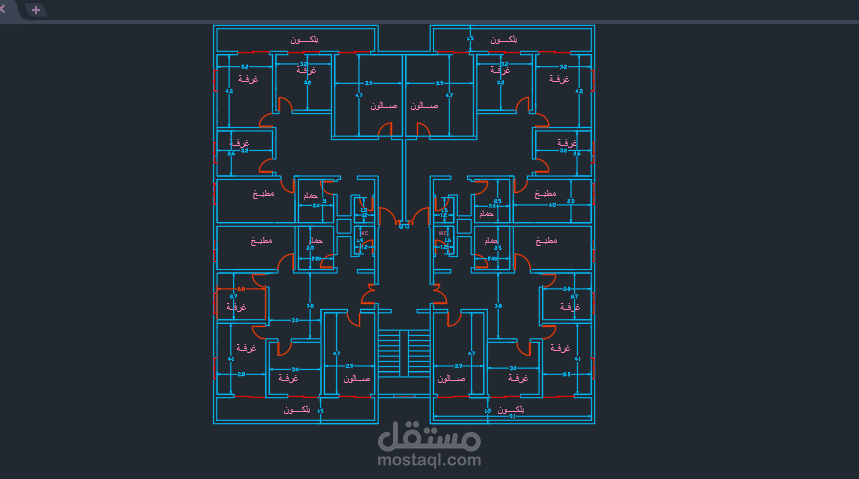 رسم مسقط بناء سكني أربع طوابق وقبو مع واجهات ومقاطع شاقولية