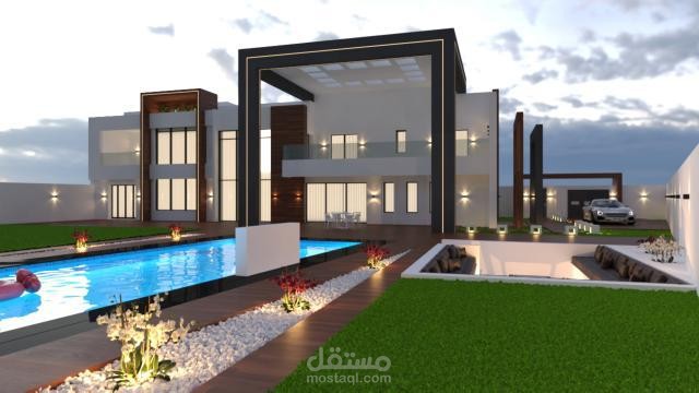 تصميم فيلا مودرن فاخرة مع ساحة خارجية متكاملة (حمام سباحة وجلسة غائرة)