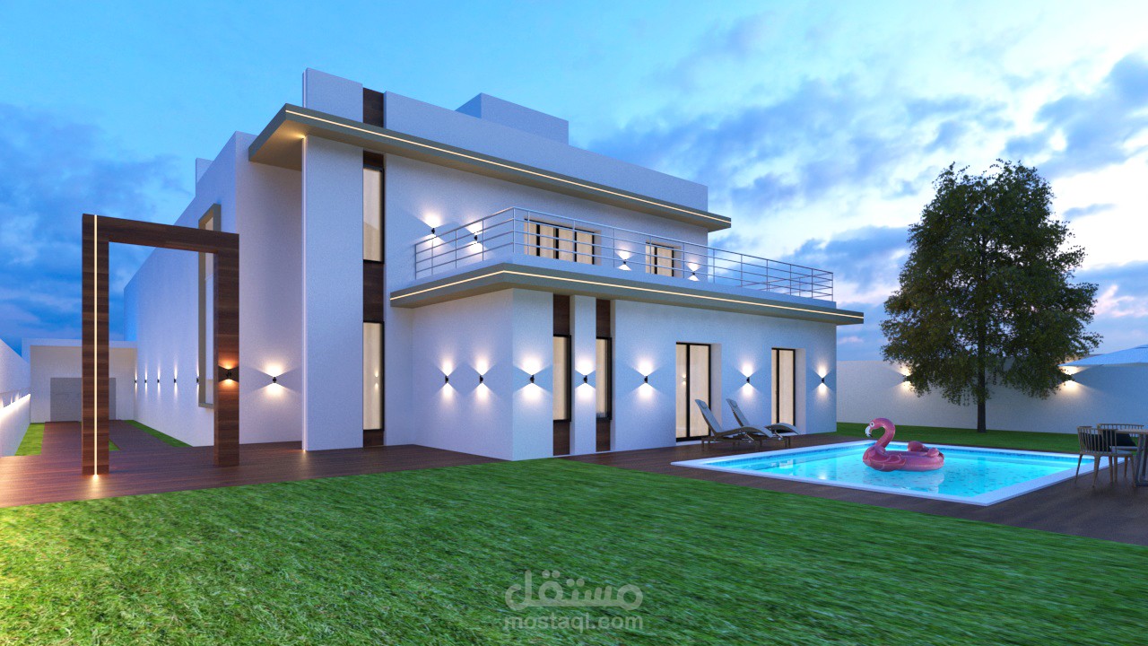 تصميم فيلا مودرن طابقين مع مسبح وساحة خارجية عائلية