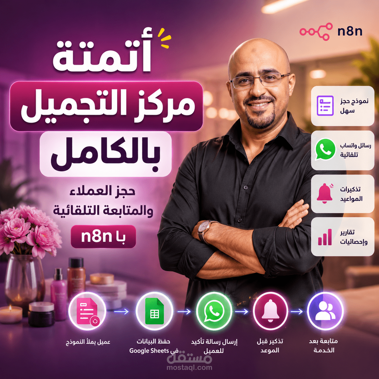 أتمتة مركز التجميل بالكامل | حجز العملاء والمتابعة التلقائية بـ n8n-WhatsApp