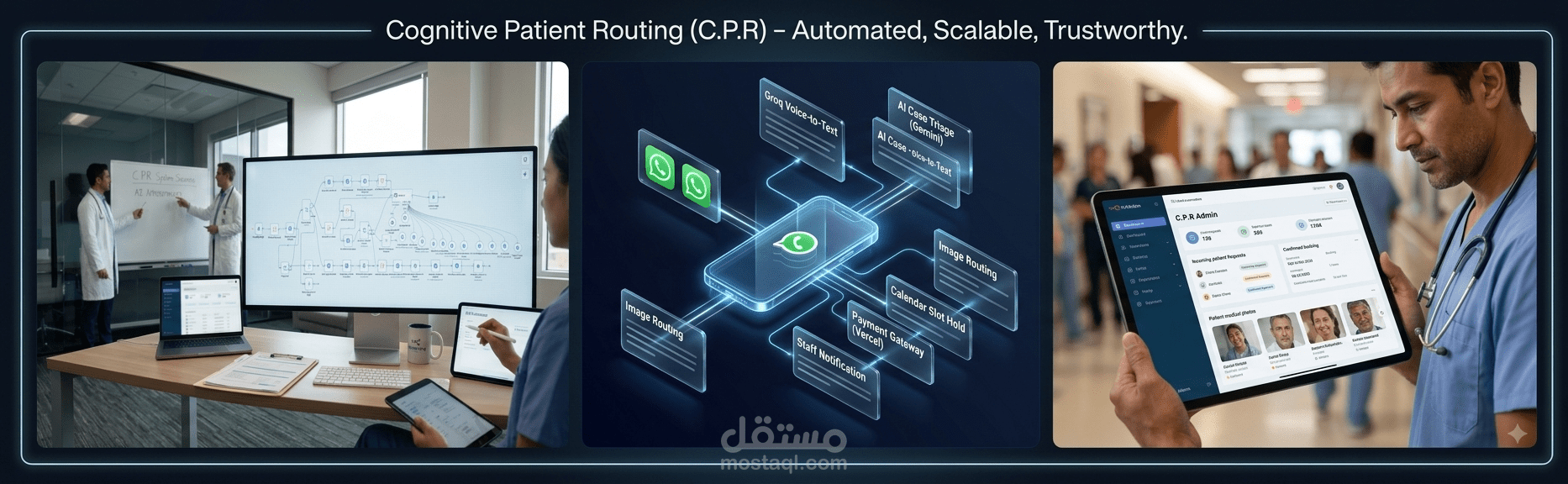 نظام ذكاء اصطناعي متكامل عبر واتساب: حجز صوتي، دفع مسبق (خليجي)، وتحويل فوري للحالات الطارئة بالصورة للطبيب — مع باك اند آمن من تطويري