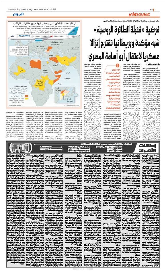 تقرير في جريدة اليوم السعودية عن سقوط الطائرة الروسية في مصر عام 2015