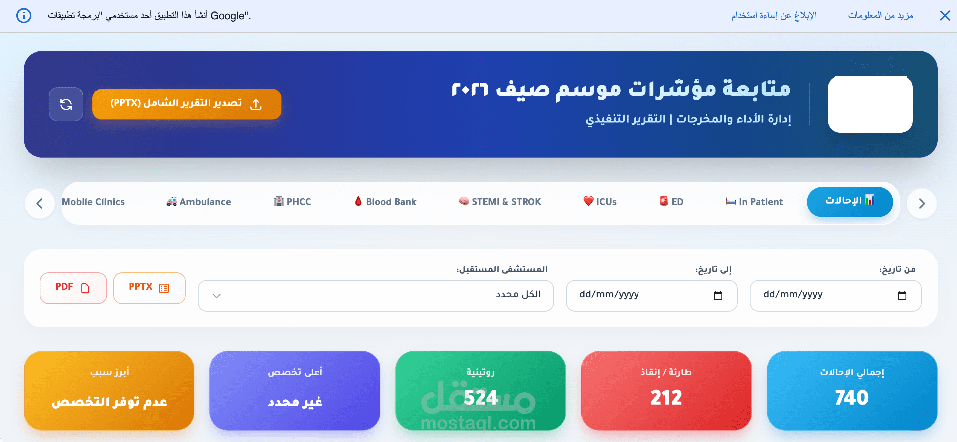 نظام لوحة القيادة التفاعلية لمتابعة مؤشرات الأداء التشغيلية (Healthcare Performance Dashboard)