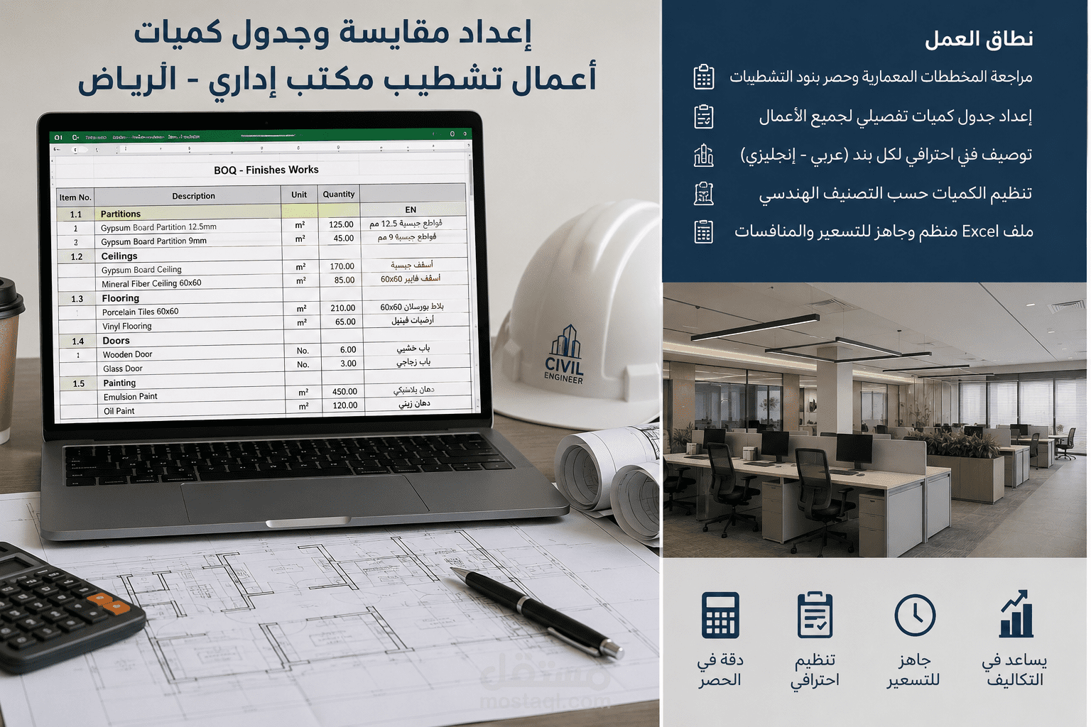 إعداد مقايسة وجدول كميات (BOQ) والتسعير لأعمال تشطيب مكتب إداري – الرياض - المملكة العربية السعودية