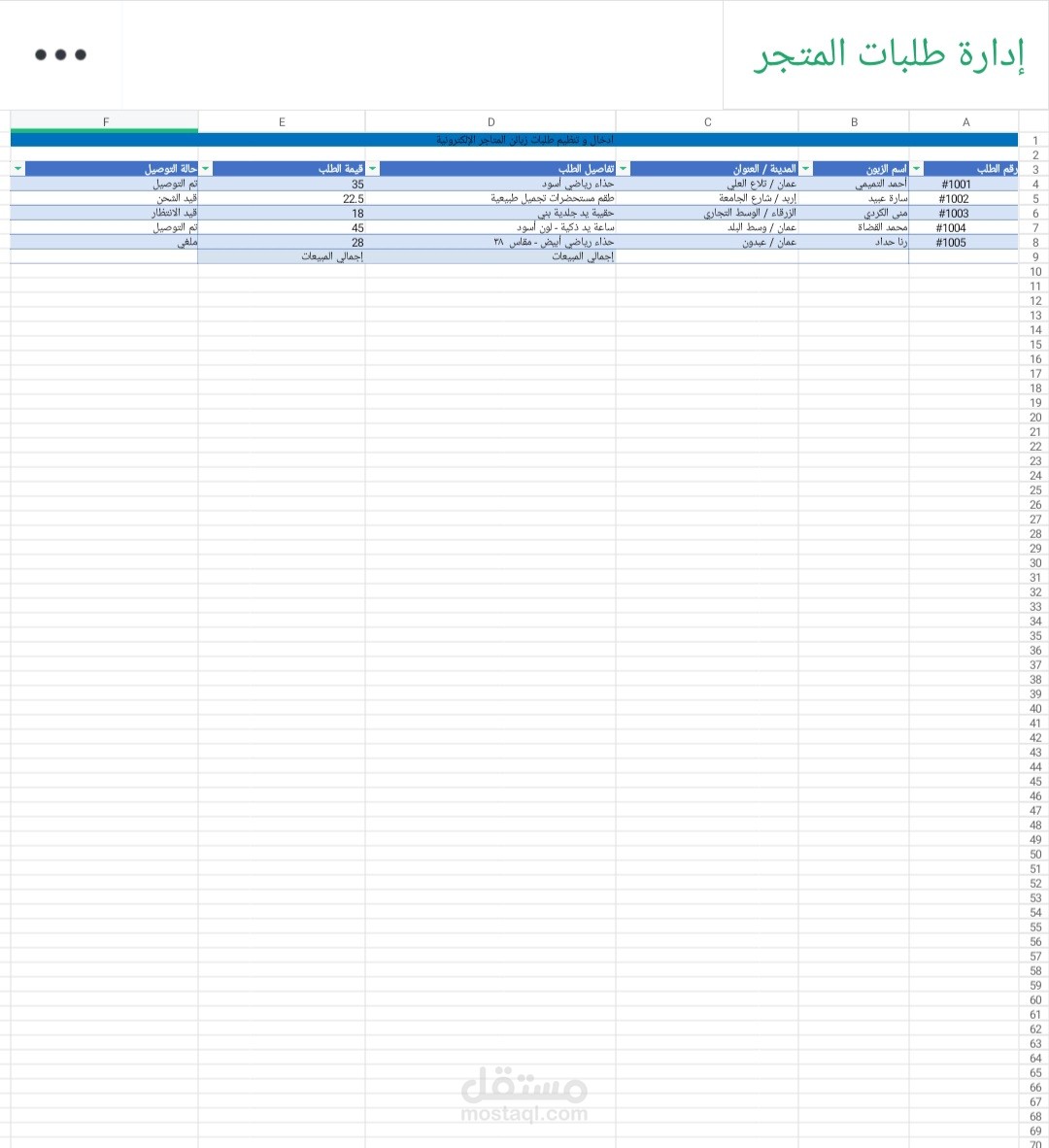 نموذج إدخال بيانات وتنظيم جداول عبر Excel.