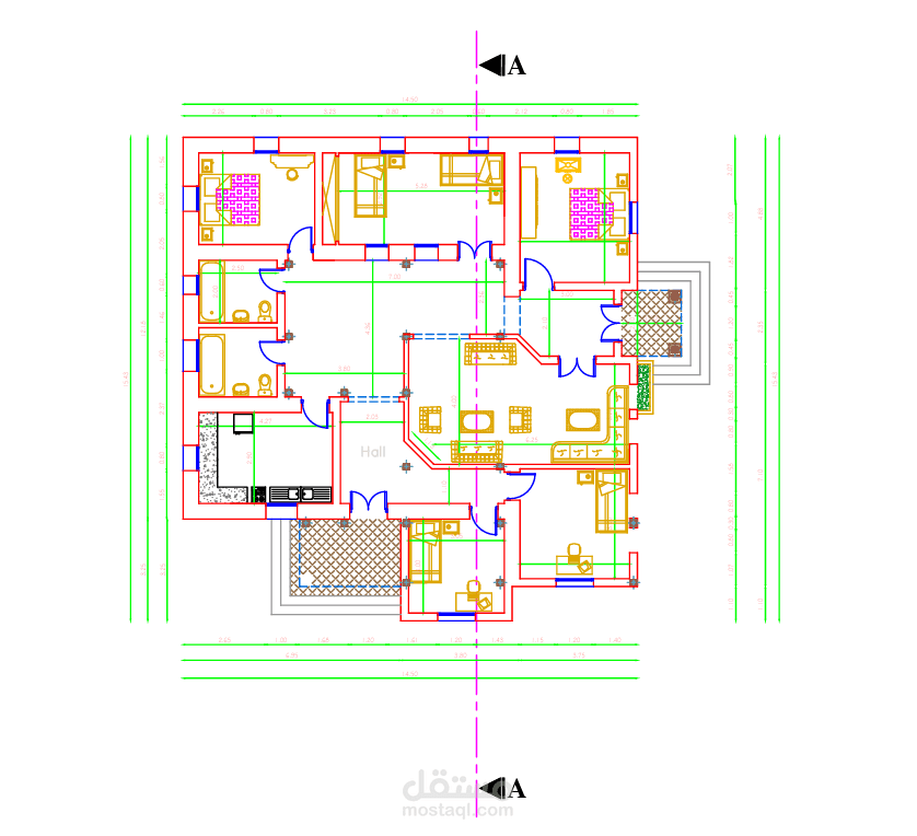 رسم مخطط معماري تنفيذي وتوزيع الفرش لفيلا سكنية (AutoCAD 2D Floor Plan)