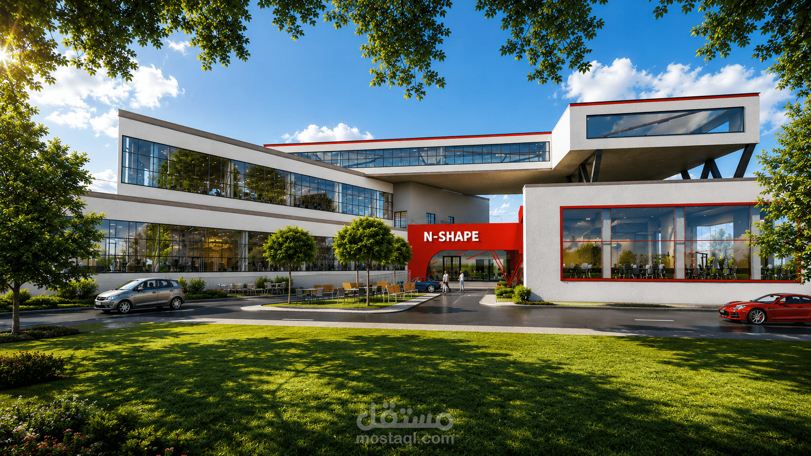 تصميم معماري وإظهار ثلاثي الأبعاد لنادي رياضي حديث (N-Shape Fitness Center)