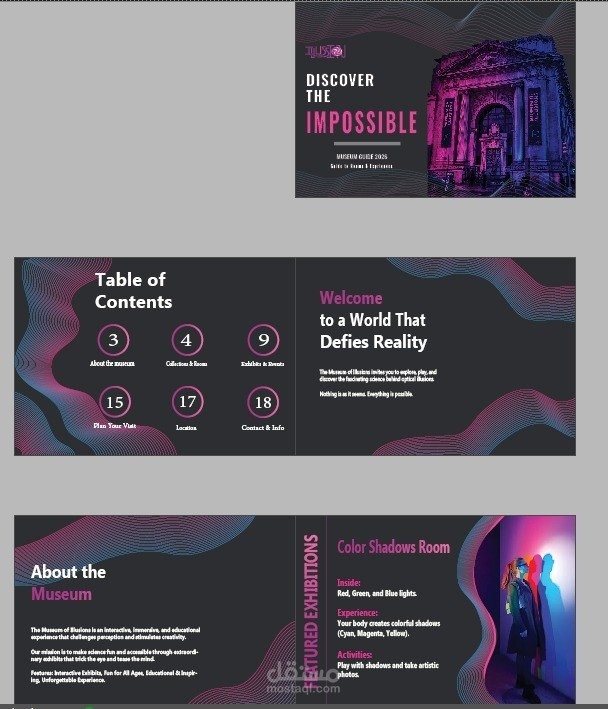 تعزيز الحضور البصري لمشروع "متحف الأوهام" (Museum of Illusions) من خلال معالجة دقيقة للتايبوغرافيا والرسومات التفاعلية وتوظيفها في تصاميم إعلانية متنوعة.