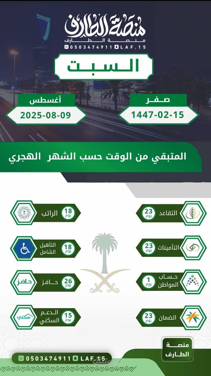 نموذج لجدول زمني رقمي (Digital Dashboard/Infographic) قمتُ بتصميمه لـ "منصة الطارف"وهو مخصص لتسهيل متابعة مواعيد صرف الرواتب والمستحقات والبرامج الحكومية في المملكة العربية السعودية.