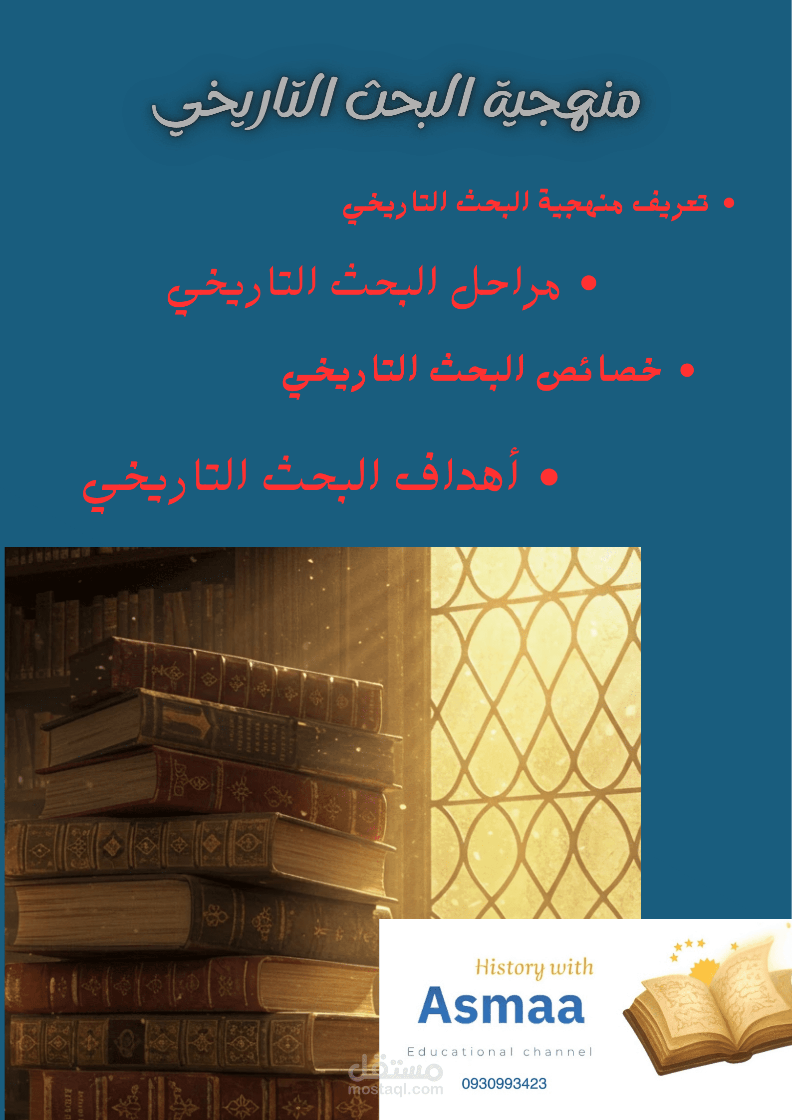 تصميم بوسترات تعليمية لشرح درس بعنوان "منهجية البحث التاريخي"