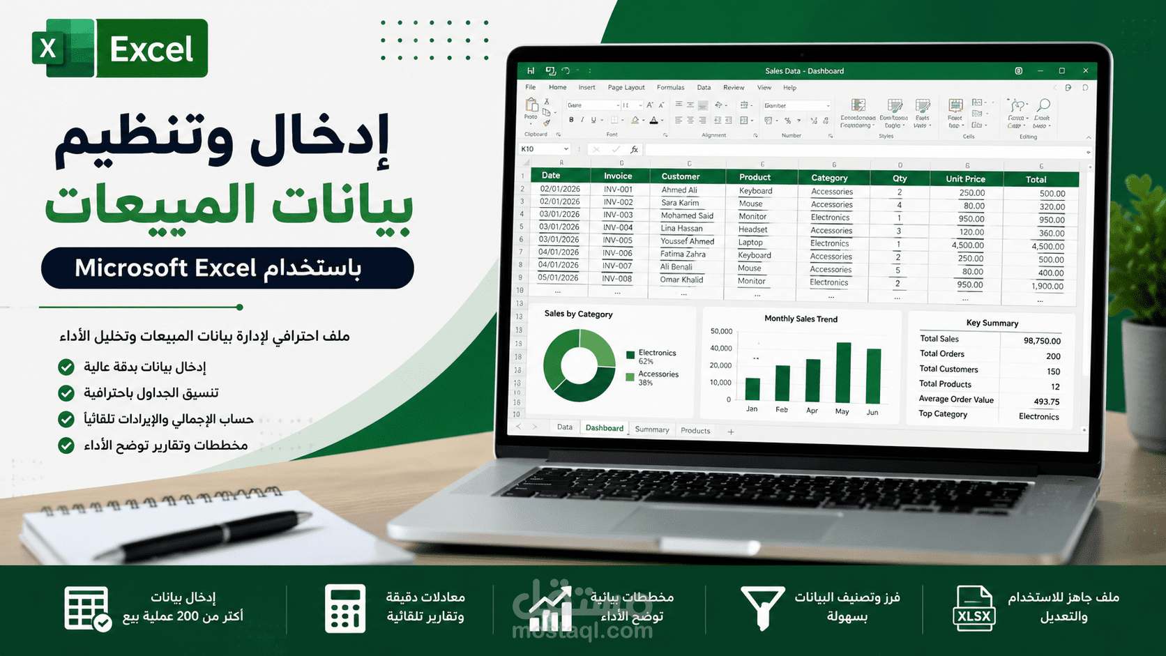 إدخال وتنظيم بيانات المبيعات باستخدام Microsoft Excel