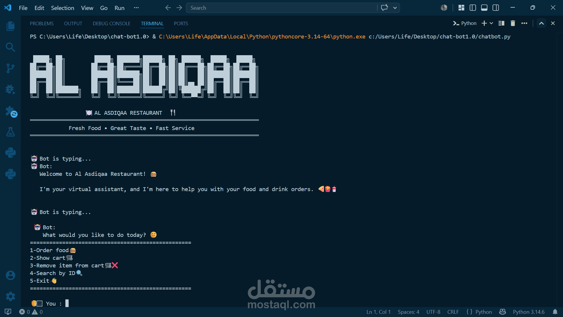 برمجة نظام إدارة مطعم مع شات بوت ذكي باستخدام Python وPandas