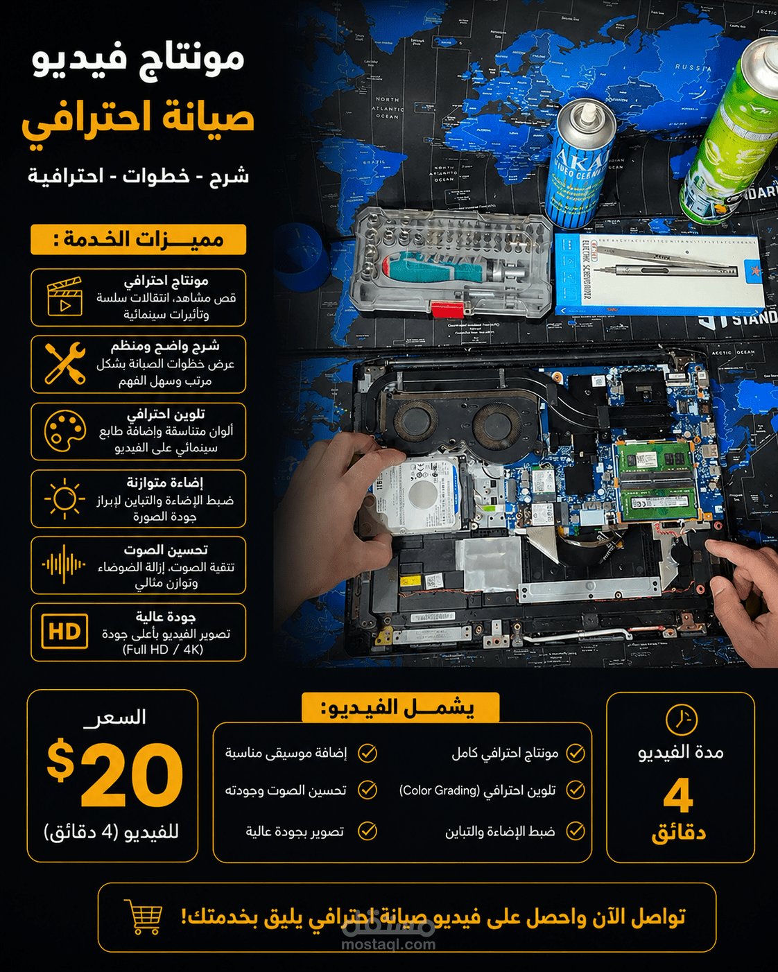 مونتاج وتعديل ألوان فيديو تعليمي احترافي لصيانة لابتوب (4 دقائق)