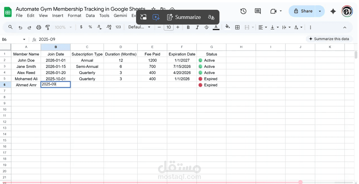 نظام أتمتة ومتابعة اشتراكات العضويات (Gym Membership Automation) باستخدام Google Sheets
