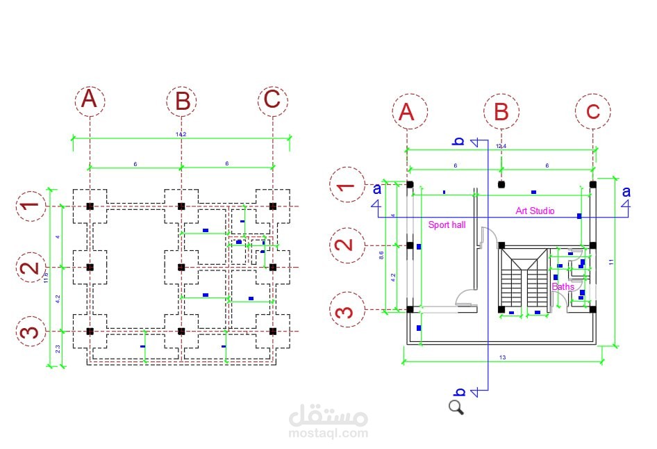 إعداد مخططات إنشائية تفصيلية ورسم المحاور والأساسات باستخدام AutoCAD