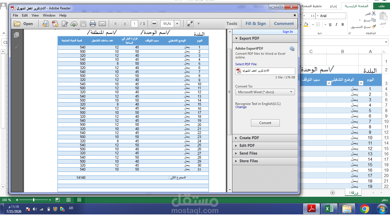تصميم جدول بيانات تشغيلي وإحصائي متقدم واستخراج التقارير الرقمية (MS Excel)