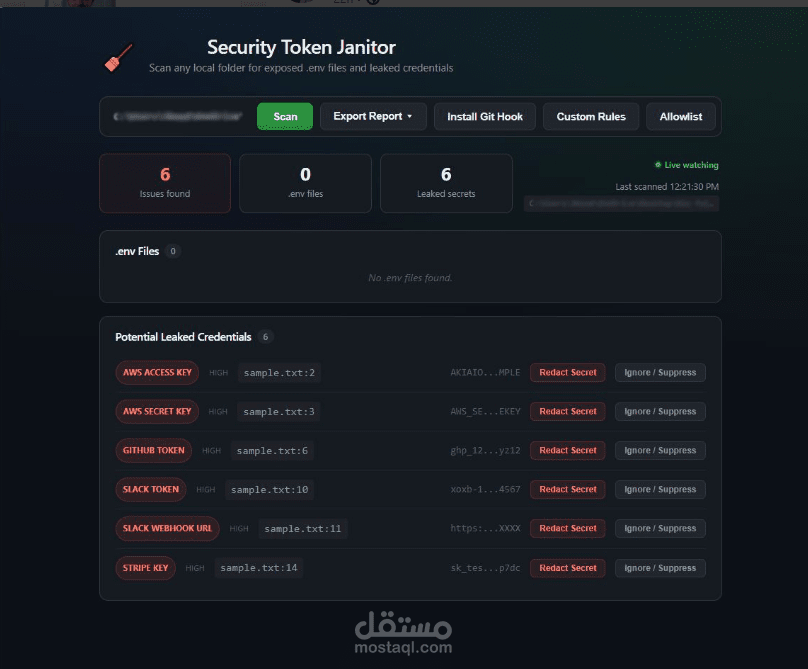 أداة تنظيف رموز الأمان - لوحة تحكم محلية قمت بإنشائها لاكتشاف الأسرار المسربة قبل وصولها إلى git.