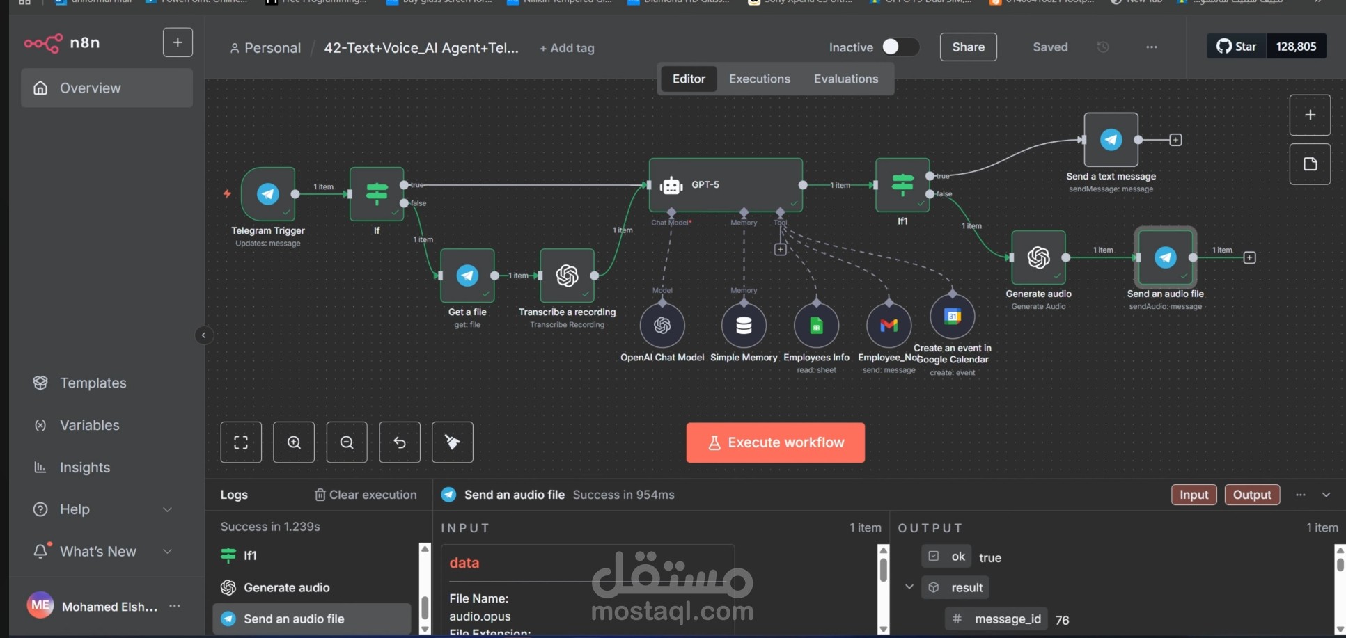 مساعد موظفين ذكي عبر تيليجرام (HR Assistant Bot) — يرد صوتًا ونصًا وينفذ المهام الإدارية تلقائيًا
