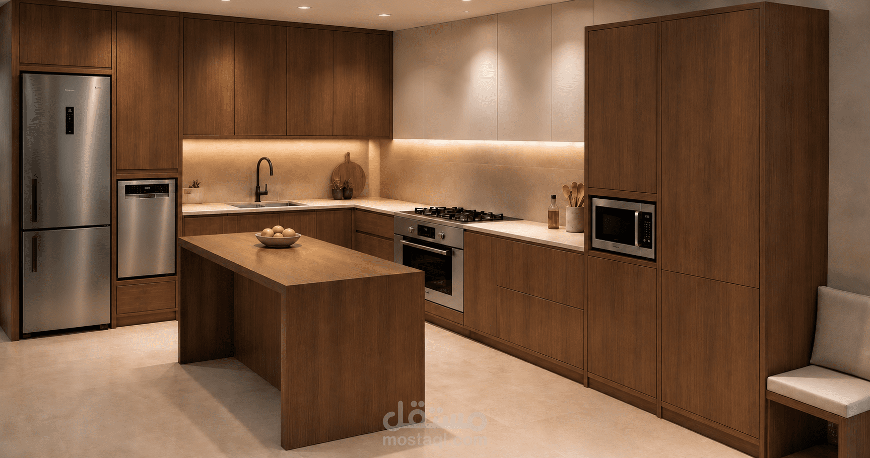 تصميم مطبخ مودرن ثلاثي الأبعاد بخامات خشبية وإضاءة عصرية
