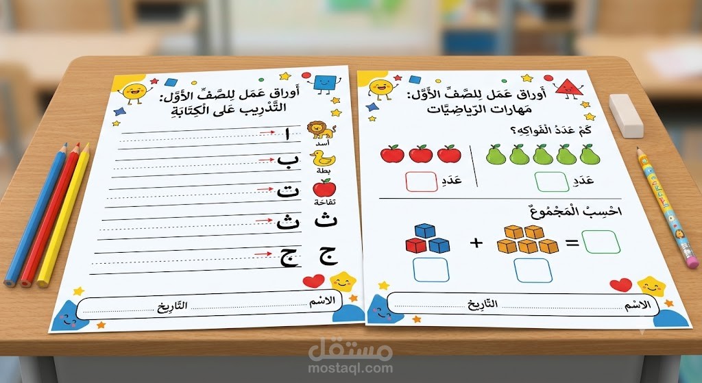 أوراق عمل لبعض المواد الدرسية للصف الاول الاساسي ( أثناء تدريبي في مدارس الحجاز )