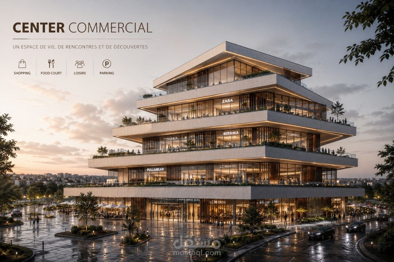 تصميم مركز تجاري متعدد الطوابق مع المخططات التنفيذية ثلاثية الأبعاد